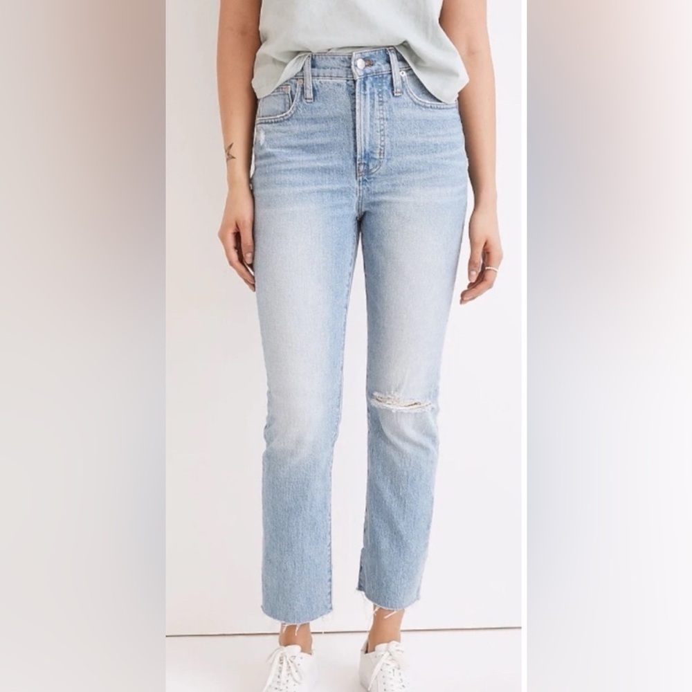 Madewell Light Blue Perfect Vintage Straight Leg Jeans with Knee Distress